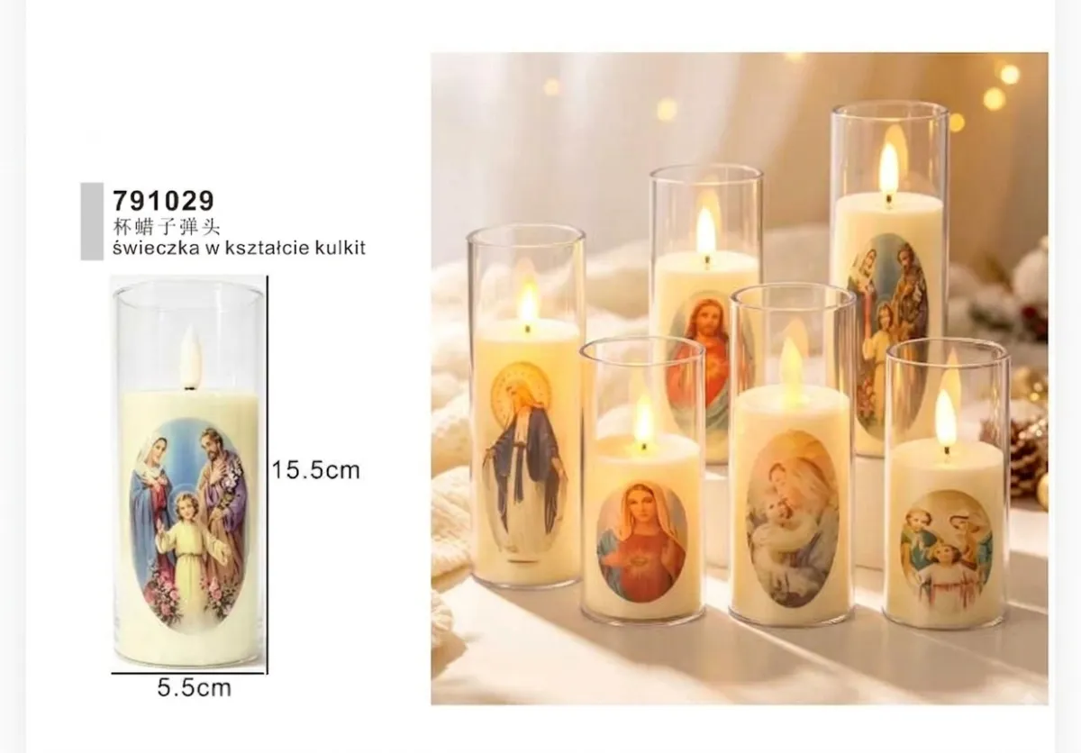 791029 Religious Flameless LED Candle in Clear Glass Cup (15.5cm)