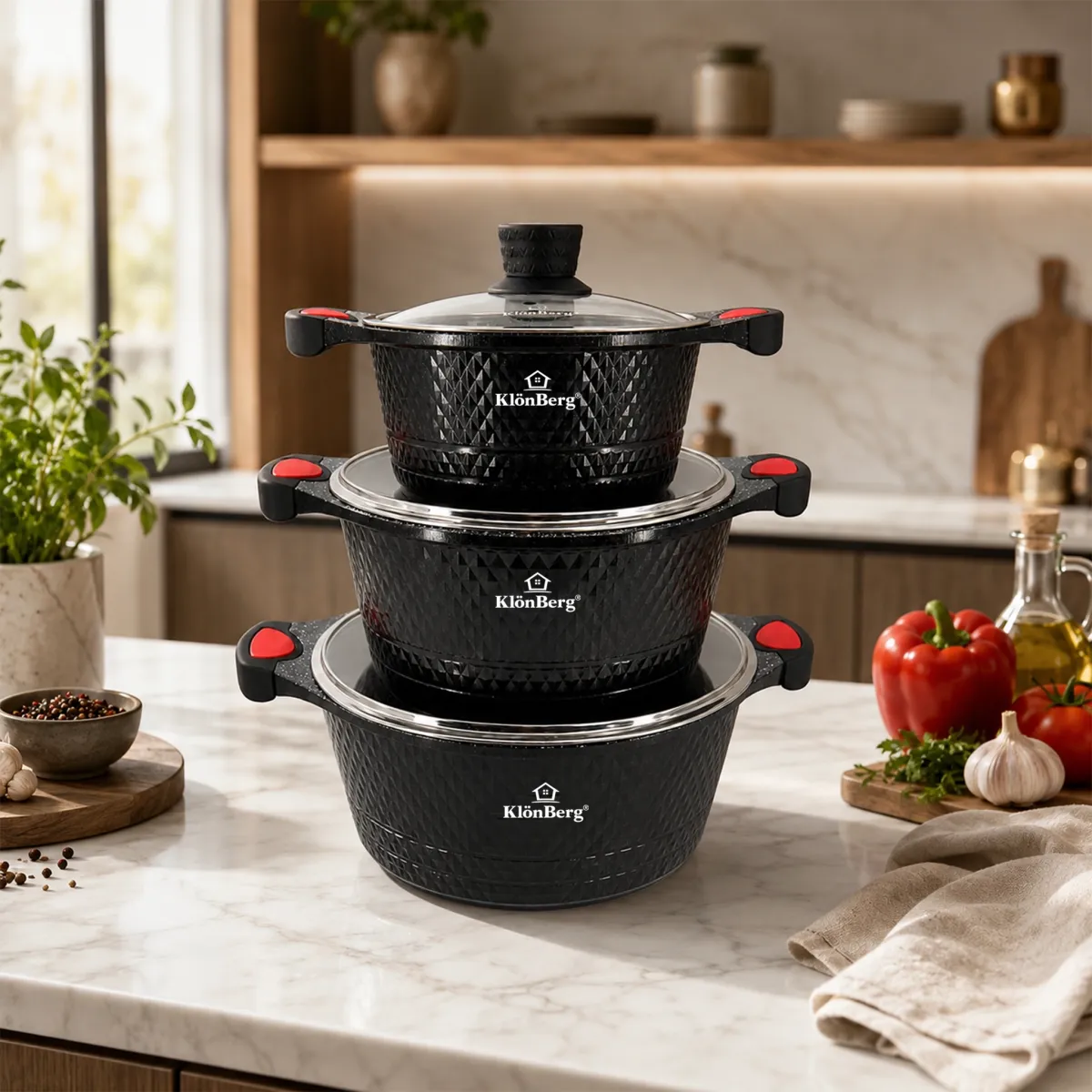Ceramic Marble 6Pcs Nonstick Pot Set Cast Aluminium Black with Glass Lid KB-4200