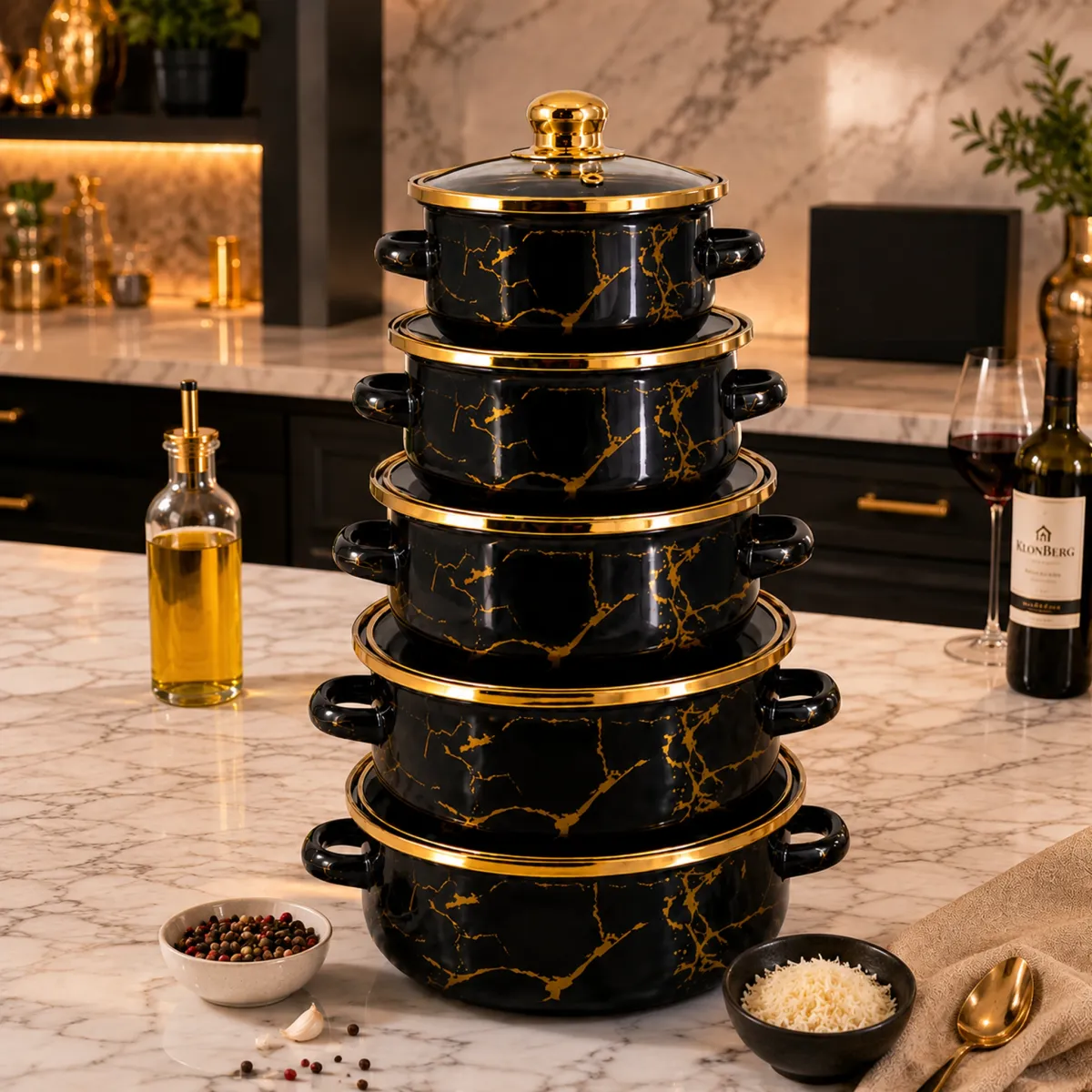 Black and Gold Enamel Cookware Set 5 Piece with Glass Lids and Stainless Steel Rim