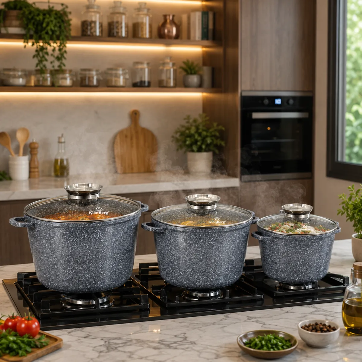 Ceramic Marble Cookware Set 6PCS with Glass Lids